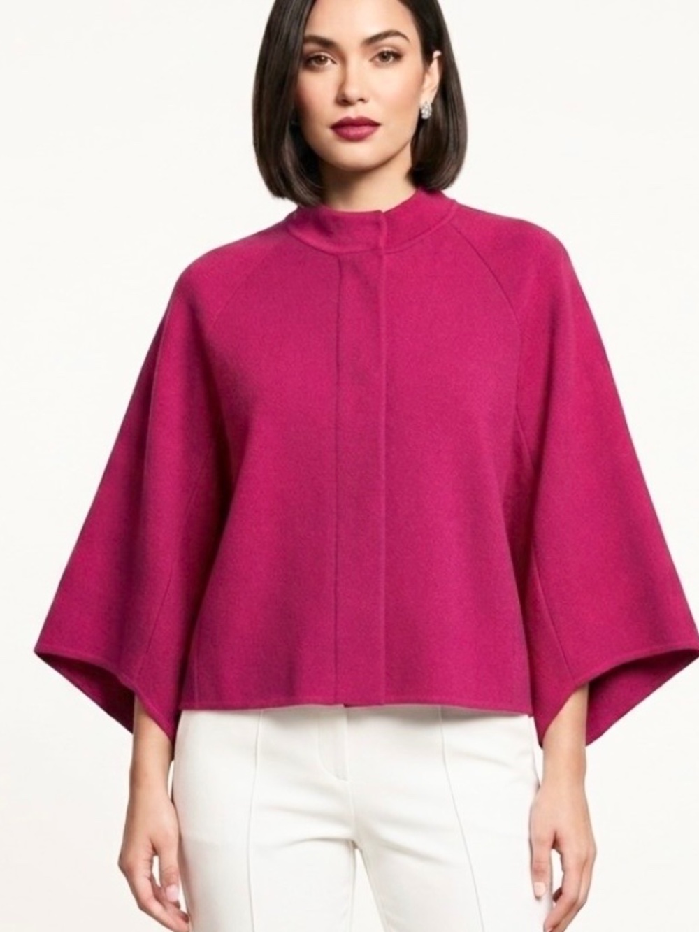 Brian Bailey Wool Mulberry Silk Cropped Topper Sweater Jacket Magenta Pink